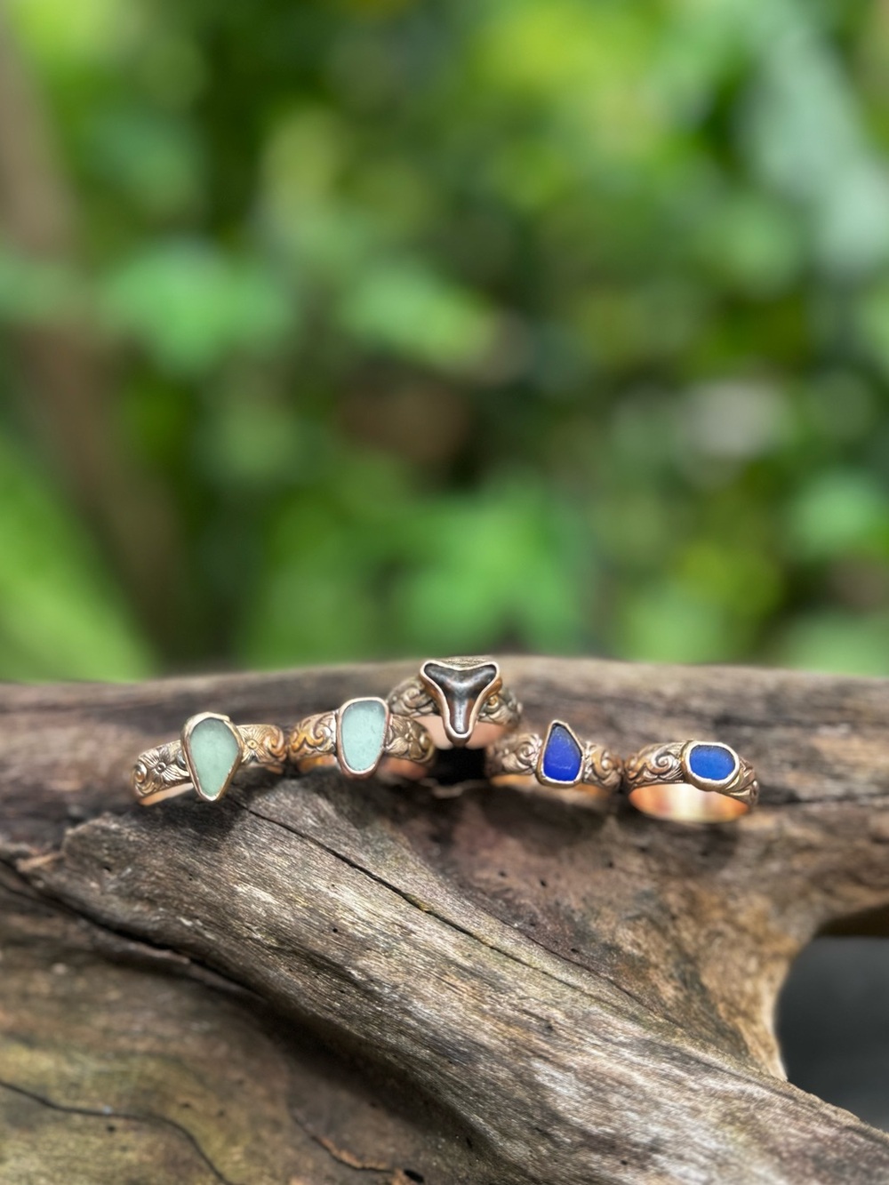 14 k gold fill cobalt blue sea glass floral wave Ring Puerto Rico beach find - Picture 6 of 7